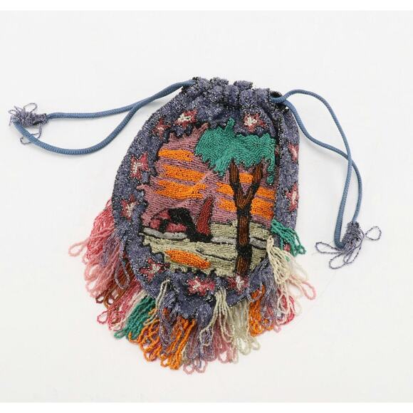 Antique Whiting & Davis Beaded Drawstring Purse c.1910 Scenic Design Glass Beads - Picture 1 of 4